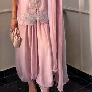 Pastel Pink Embroidered Ethnic Set with Lilac Dupatta